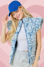 Floral Velvet Embroidered Puffer Vest - Denim White