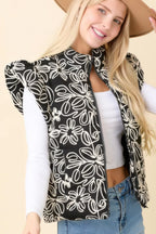 Floral Velvet Embroidered Puffer Vest -