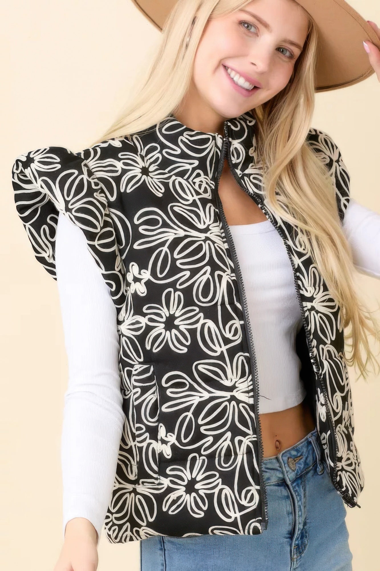 Floral Velvet Embroidered Puffer Vest -