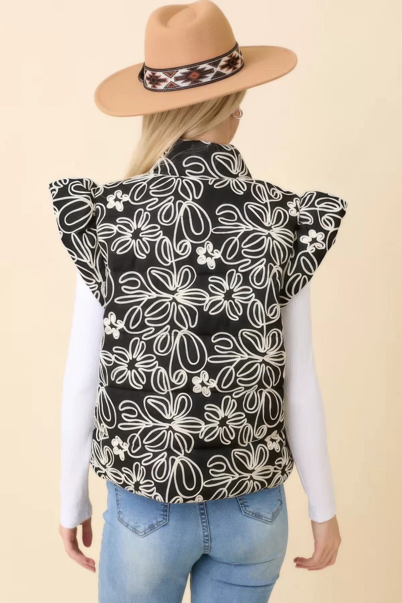 Floral Velvet Embroidered Puffer Vest -