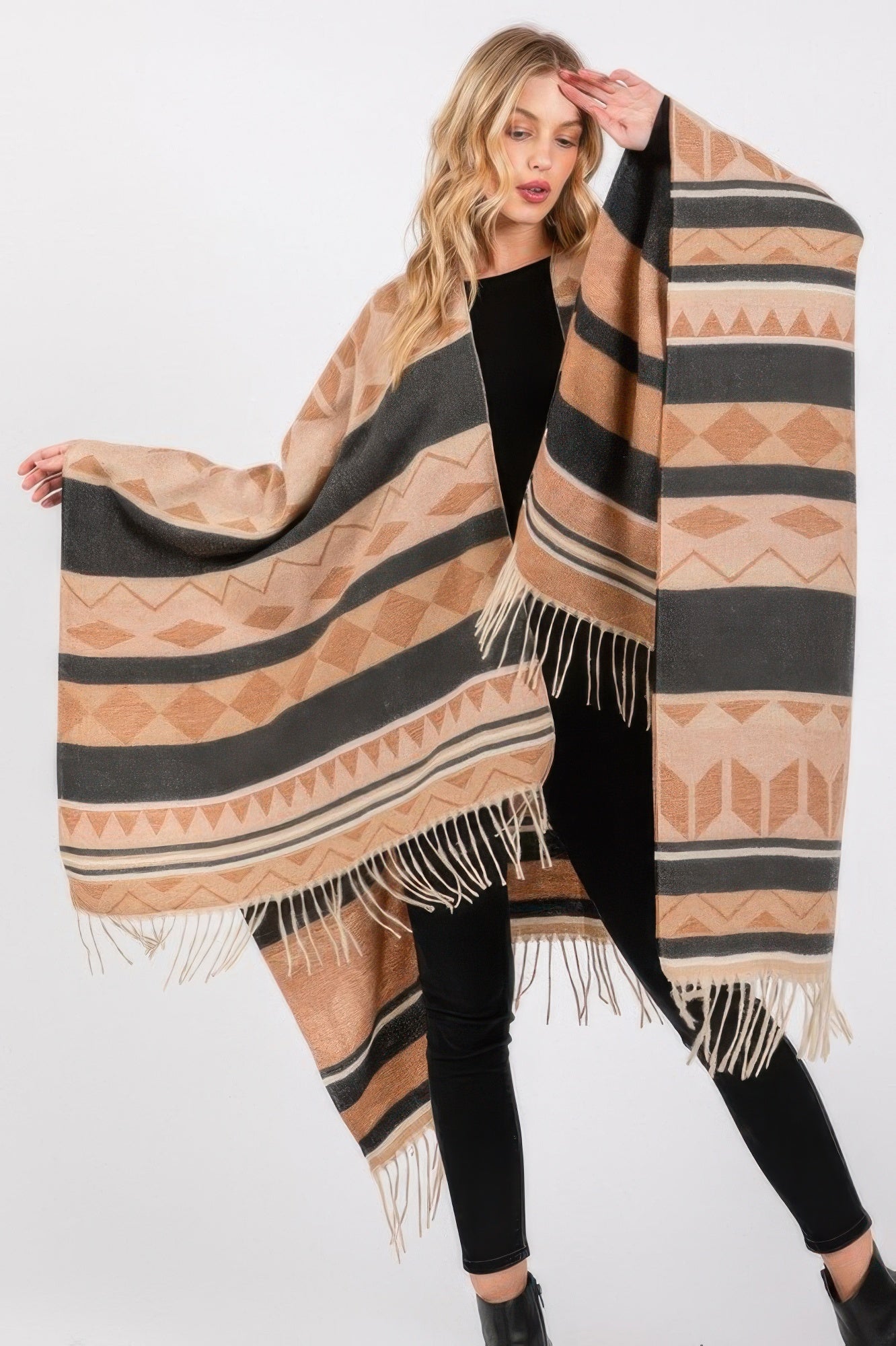 Geometric Fringe Knit Ruana -