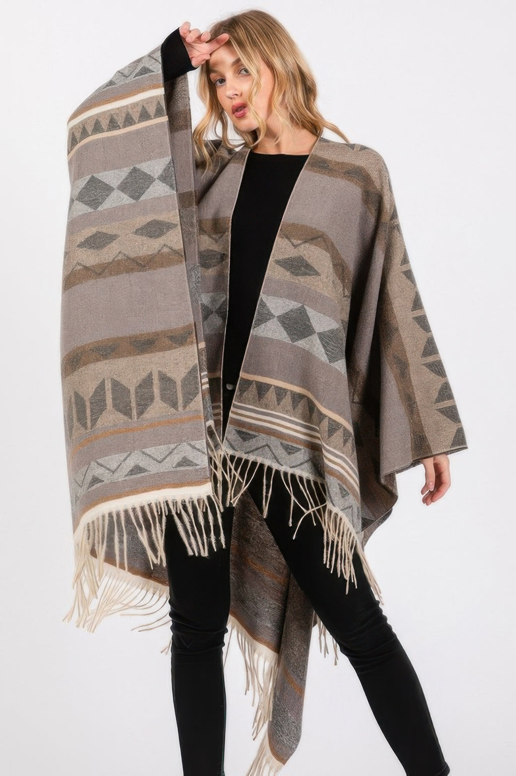 Geometric Fringe Knit Ruana -