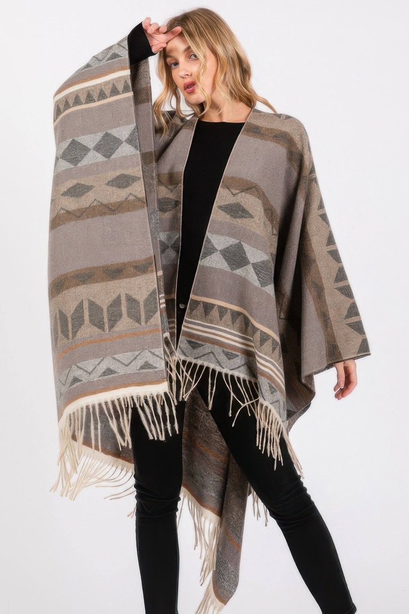 Geometric Fringe Knit Ruana -