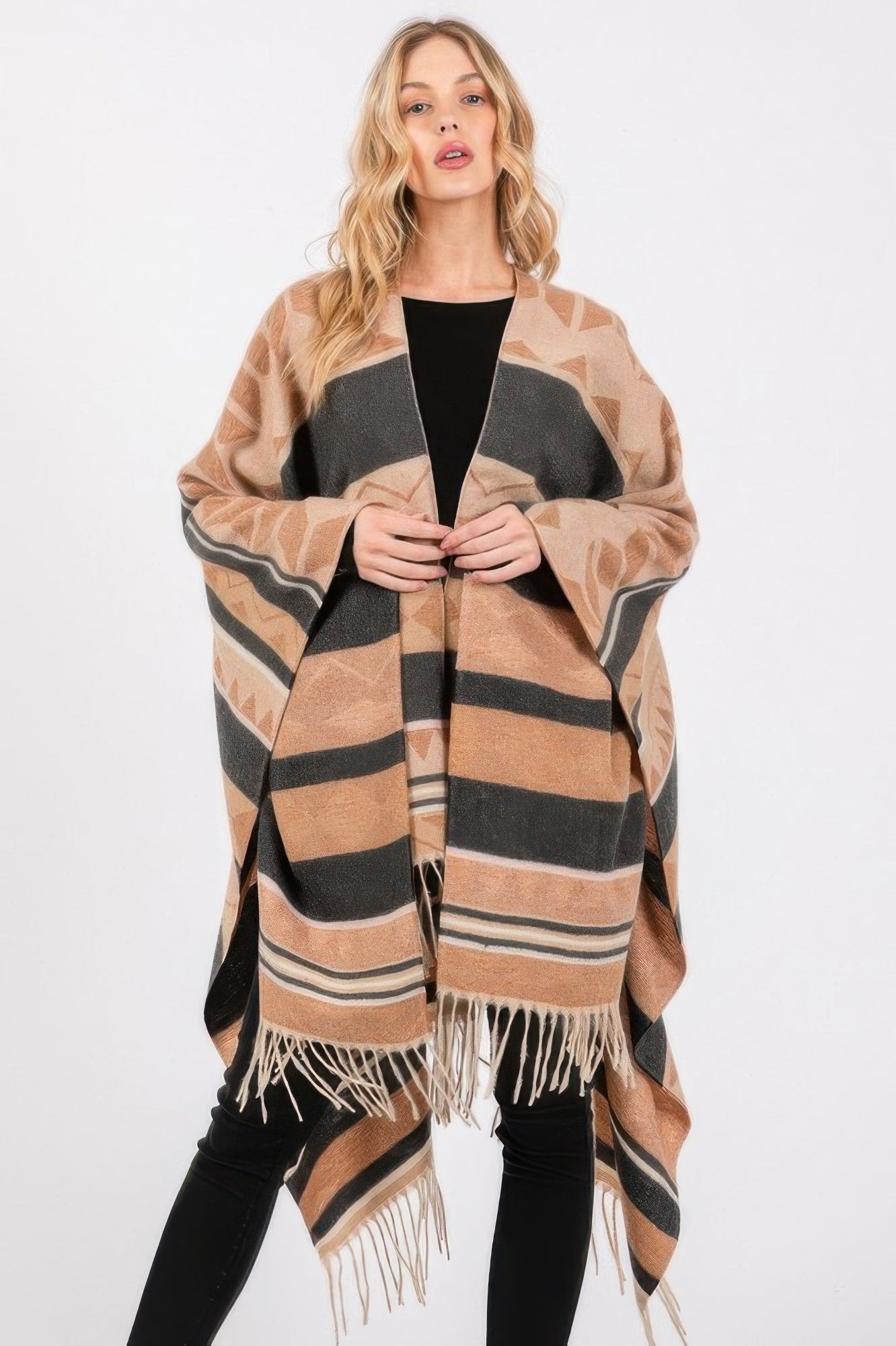 Geometric Fringe Knit Ruana - Black One Size Fits All Main image