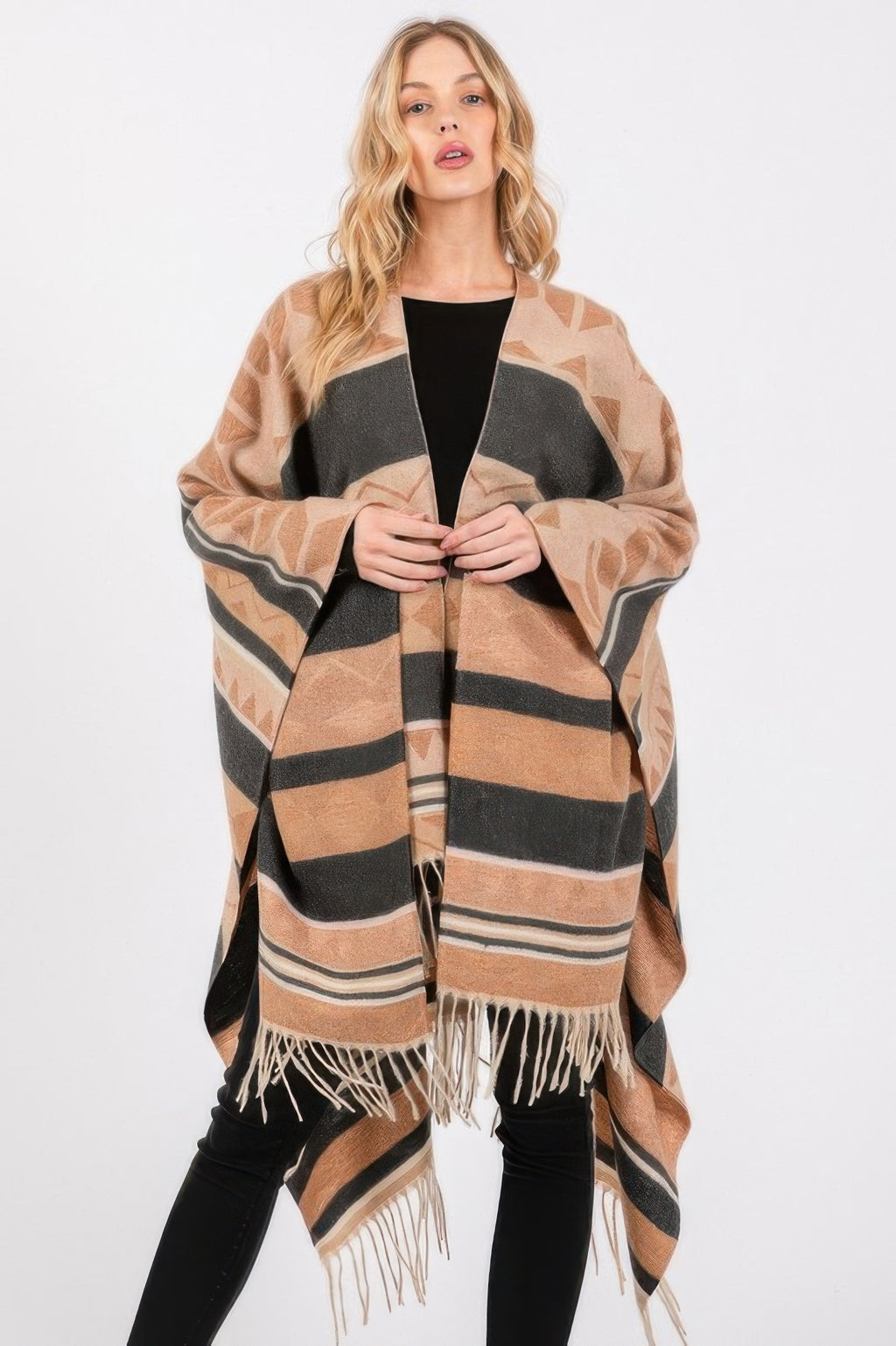 Geometric Fringe Knit Ruana - Black One Size Fits All