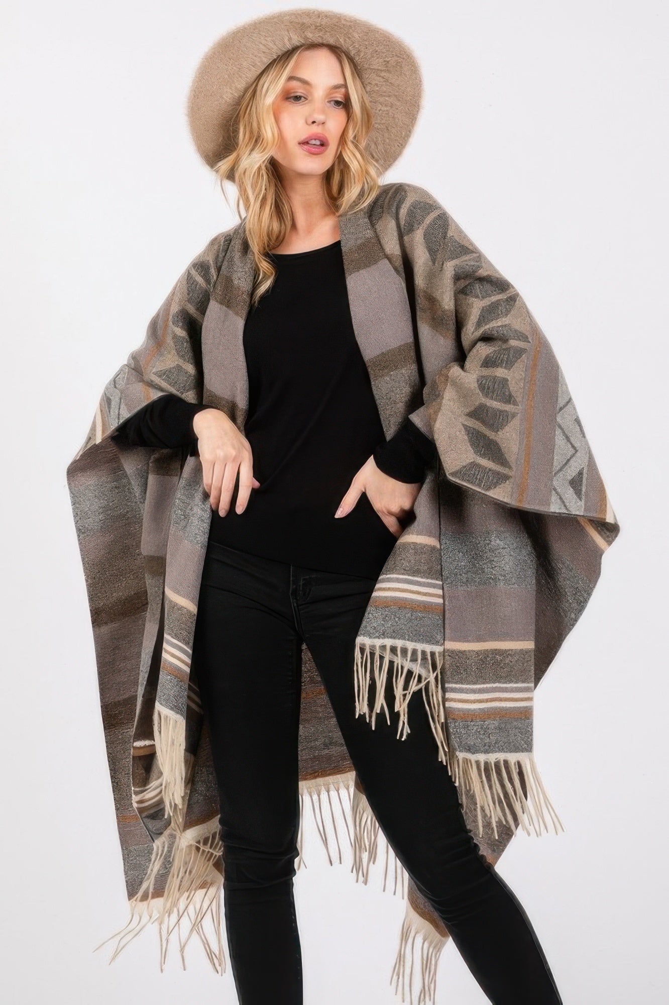 Geometric Fringe Knit Ruana - Gray One Size Fits All