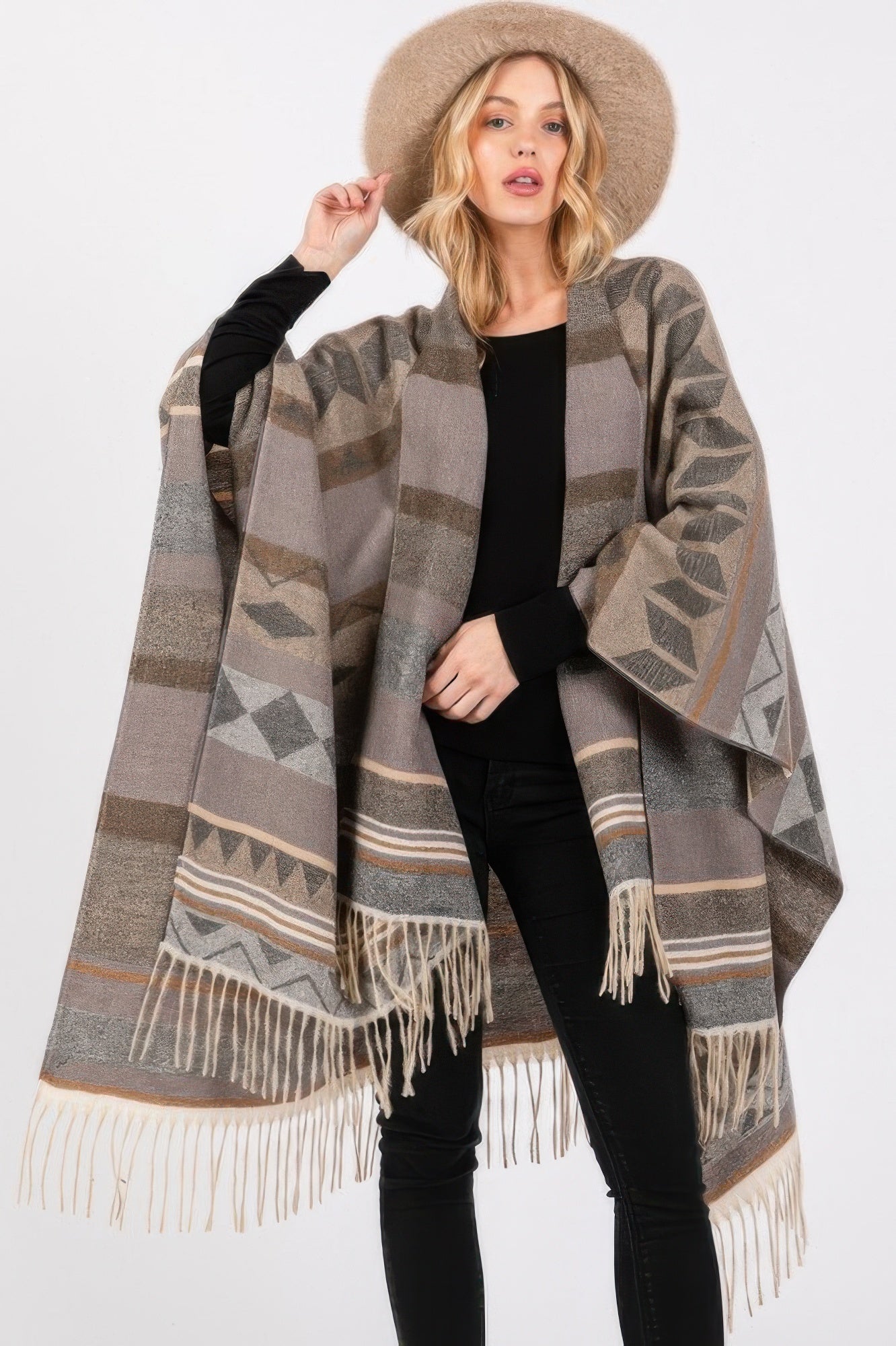Geometric Fringe Knit Ruana -
