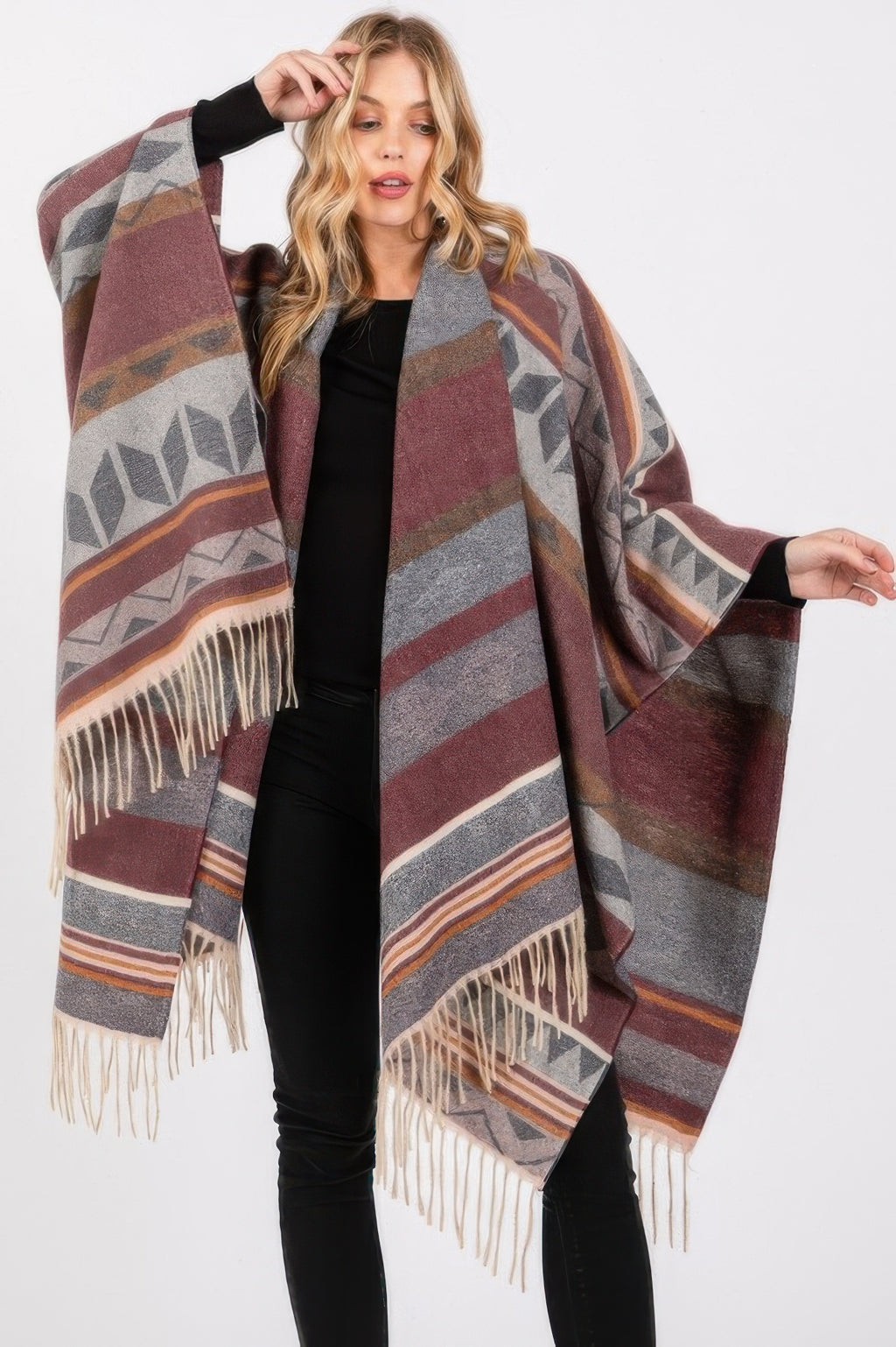 Geometric Fringe Knit Ruana - Burgundy One Size Fits All
