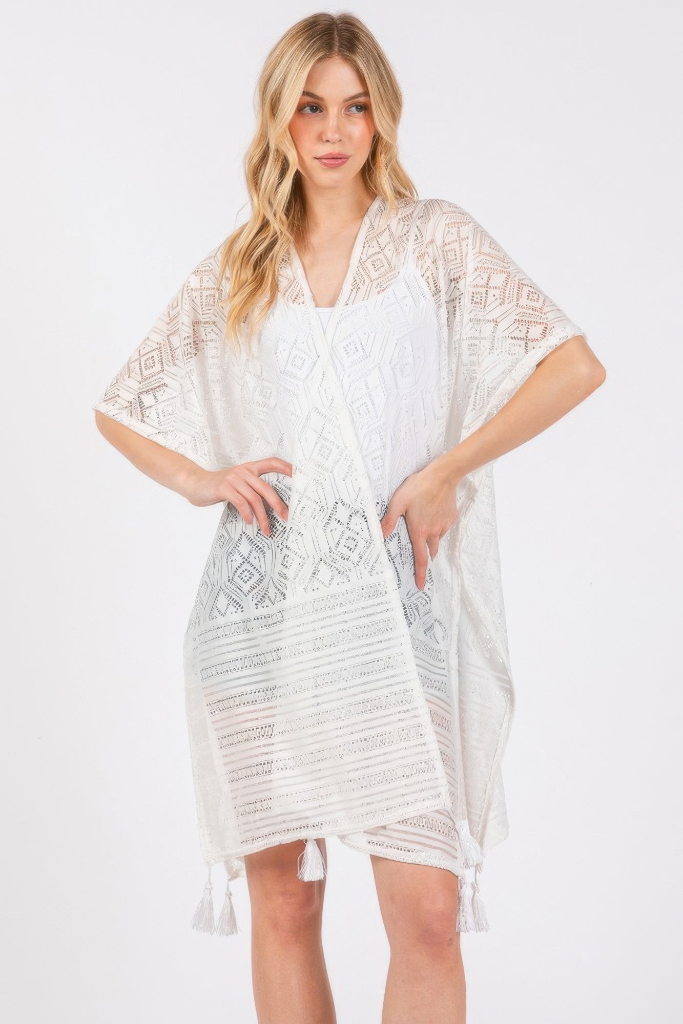 Geometric Lace Tassel Cover Up - White