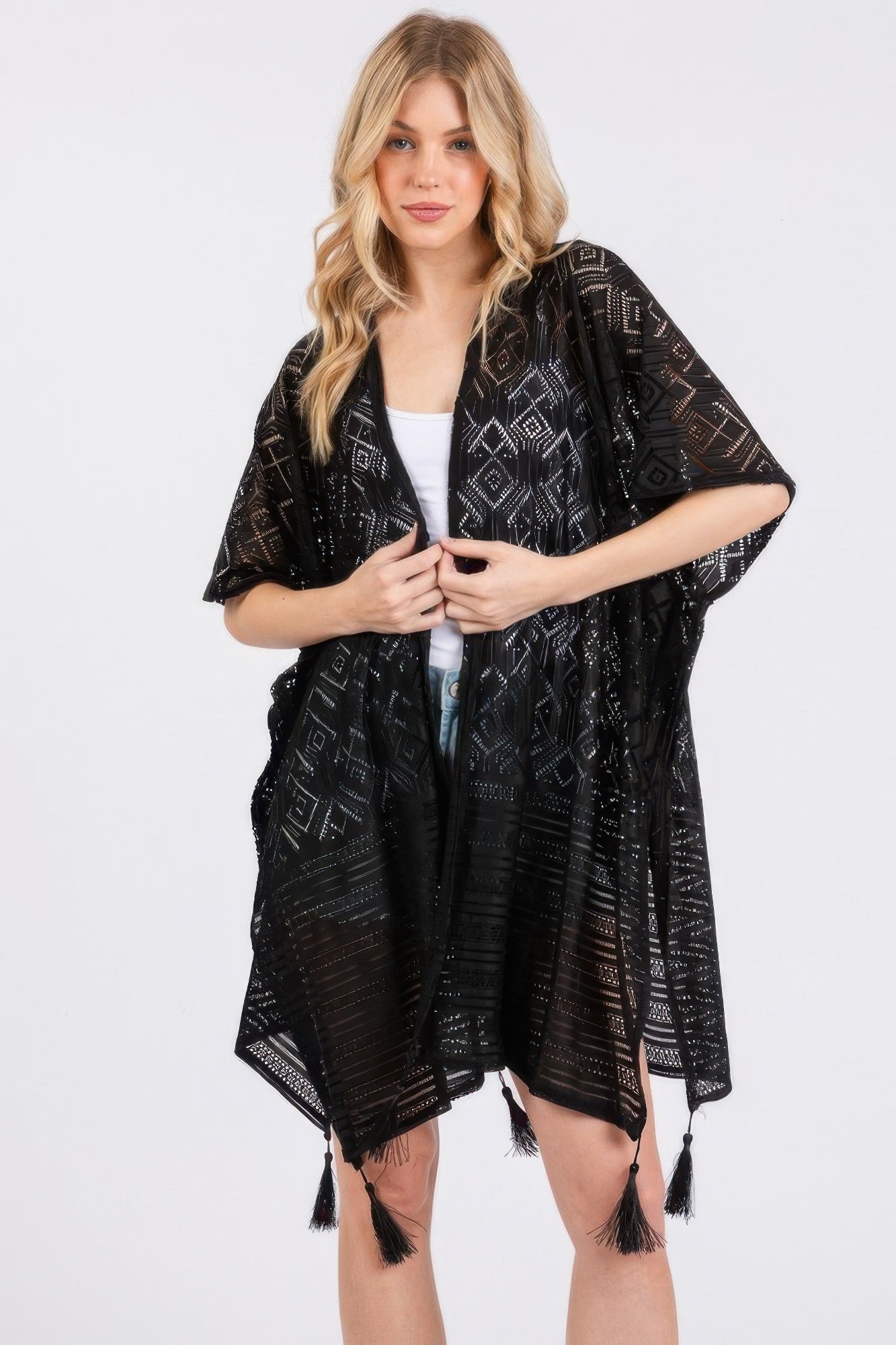 Geometric Lace Tassel Cover Up - Black Main image