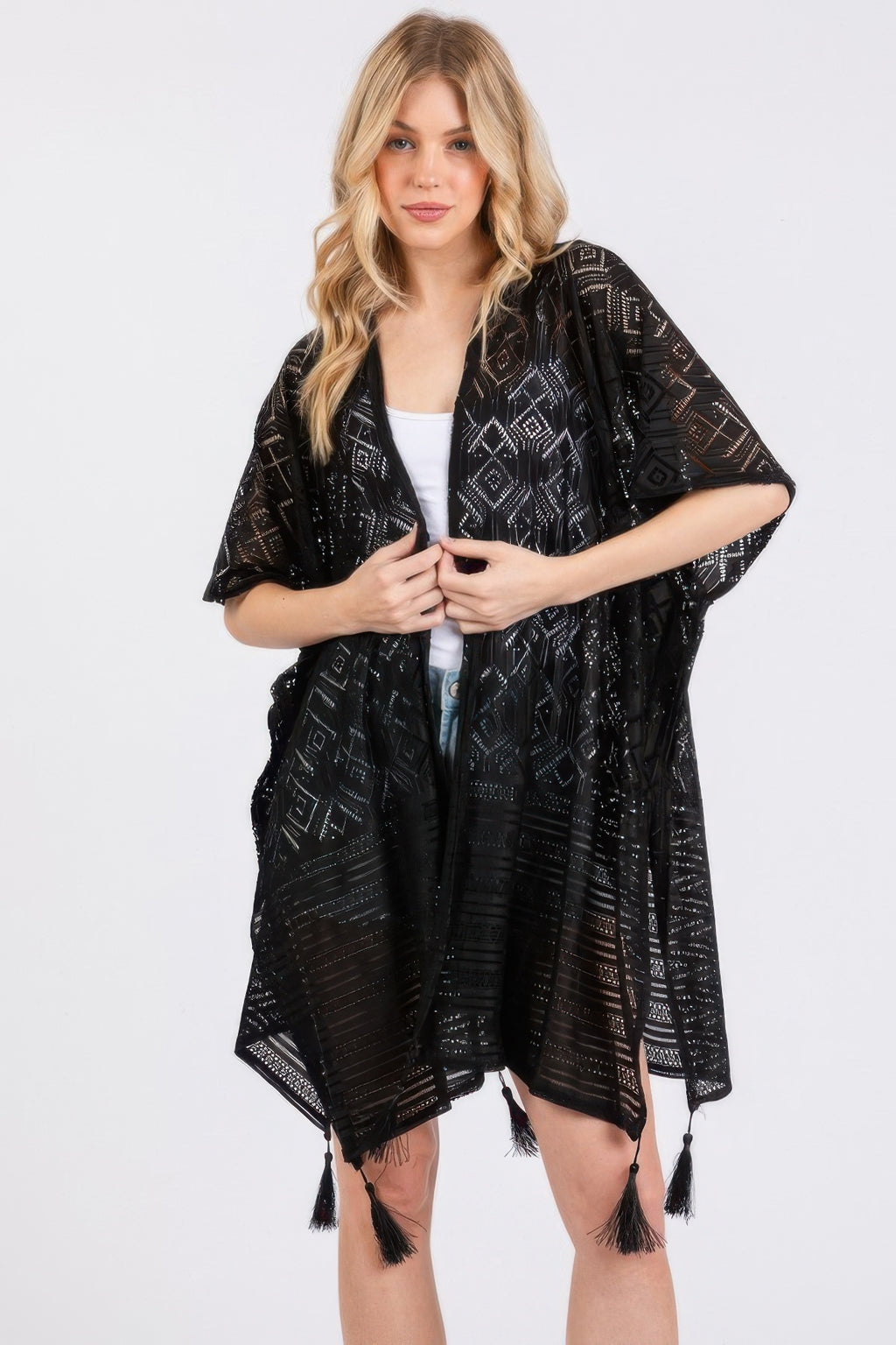 Geometric Lace Tassel Cover Up - Black