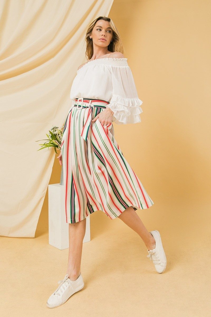 Ivory Striped Pleated Midi Skirt - Ivory