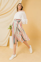Ivory Striped Pleated Midi Skirt - Ivory