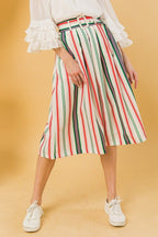 Ivory Striped Pleated Midi Skirt -