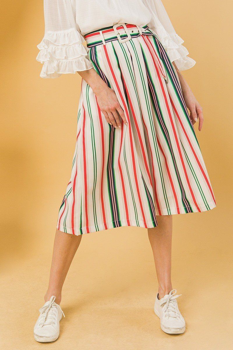 Ivory Striped Pleated Midi Skirt -