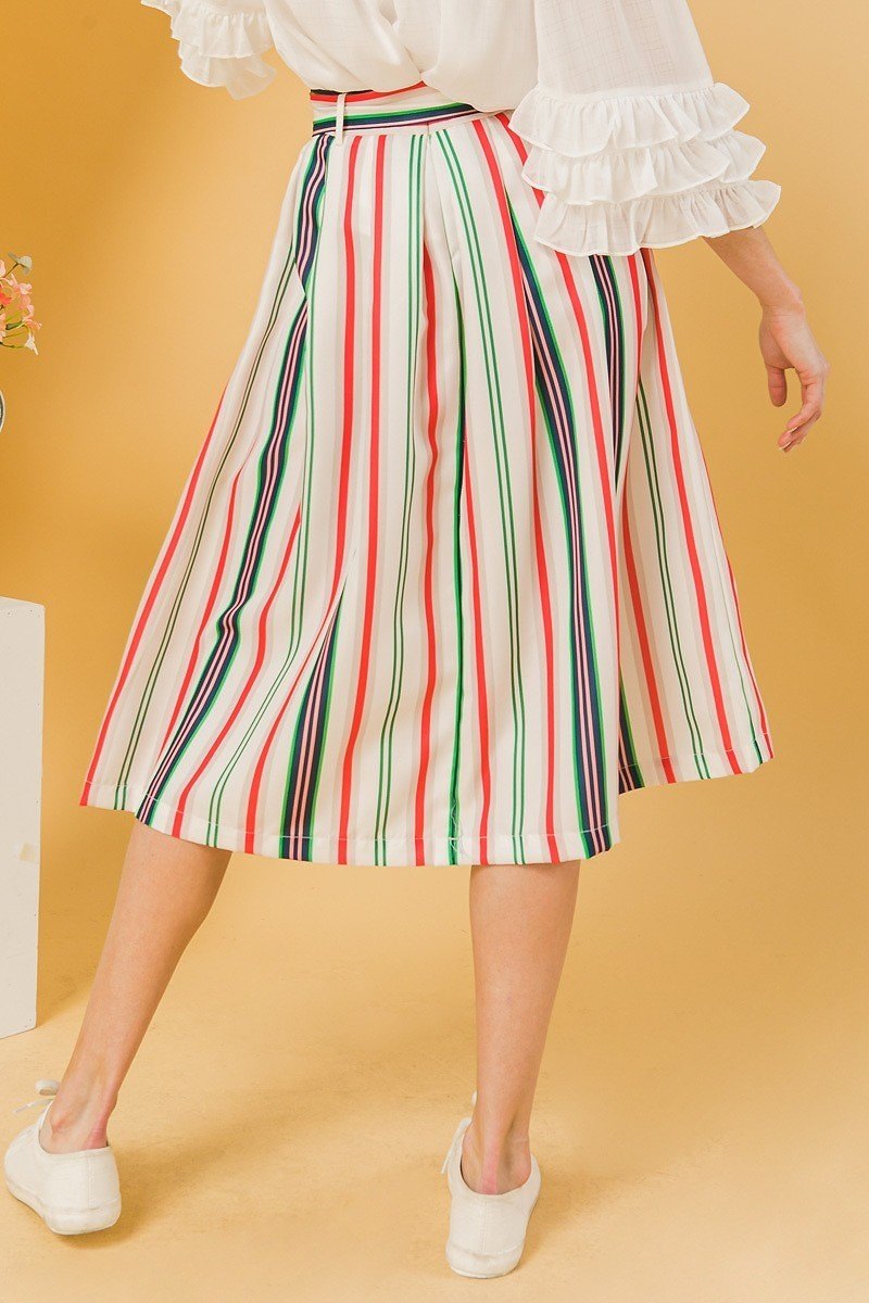 Ivory Striped Pleated Midi Skirt -