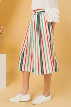 Ivory Striped Pleated Midi Skirt -