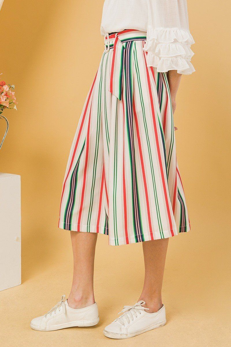 Ivory Striped Pleated Midi Skirt -