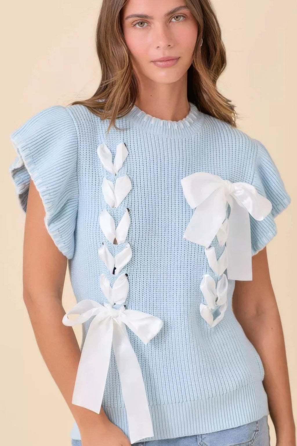 Light Blue Ribbon Bow Sweater - L