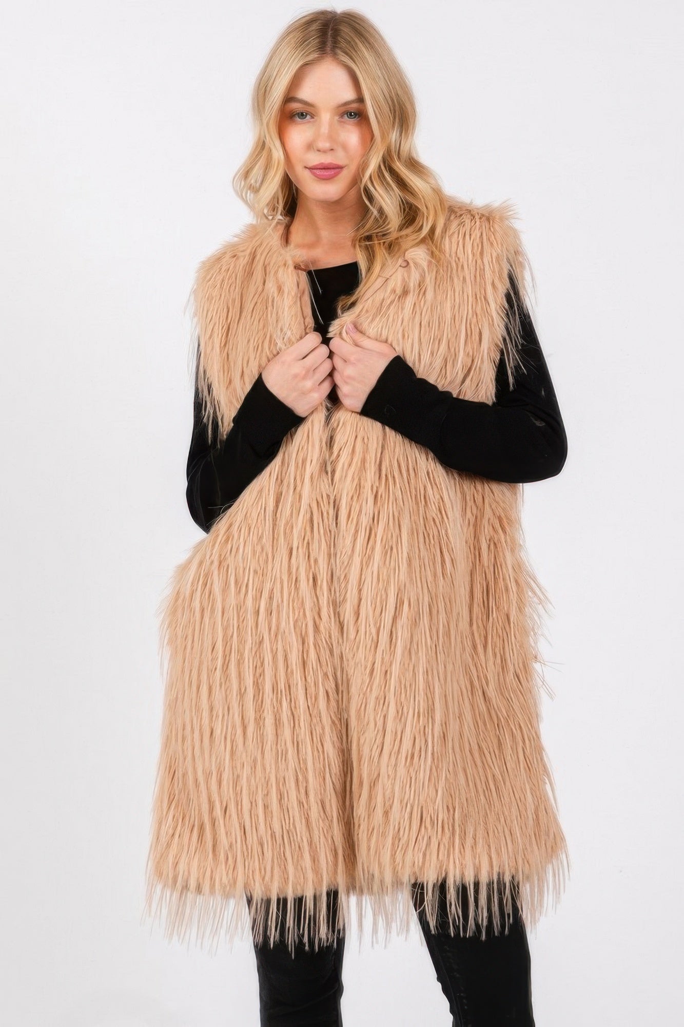 Long Faux Fur Pocket Vest - Taupe One Size Fits Most
