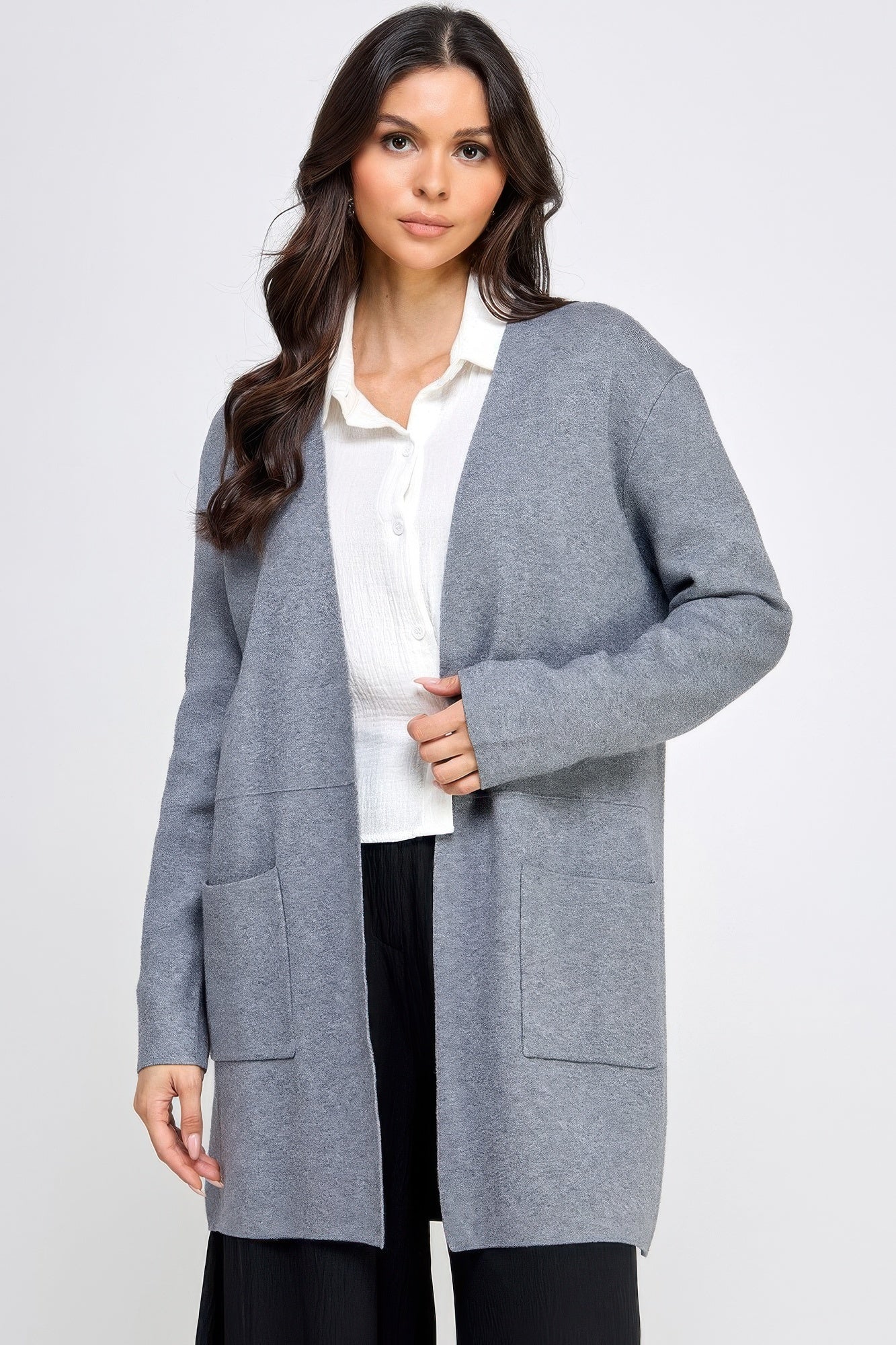 Longline Open Front Sweater Cardigan - Grey