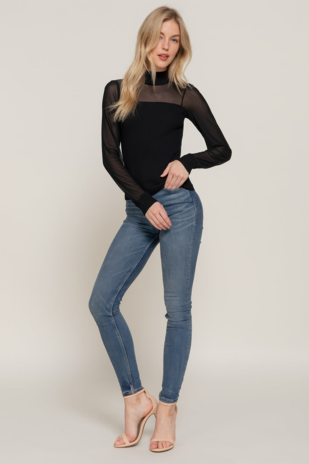 Mesh Panel Long Sleeve Light Sweater -