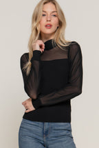 Mesh Panel Long Sleeve Light Sweater - Black