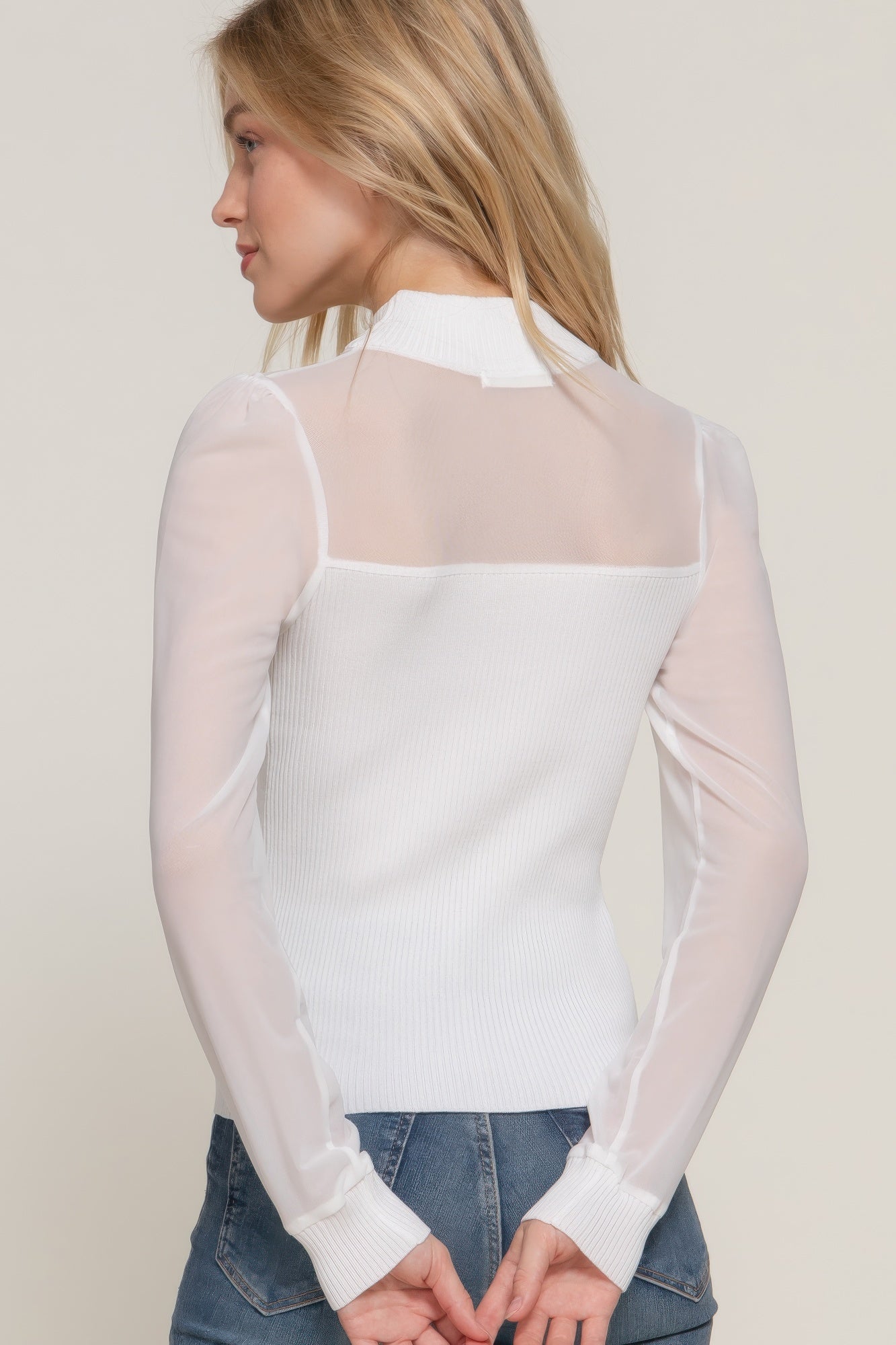 Mesh Panel Long Sleeve Light Sweater -