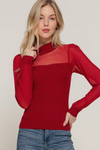 Mesh Panel Long Sleeve Light Sweater - Burgundy