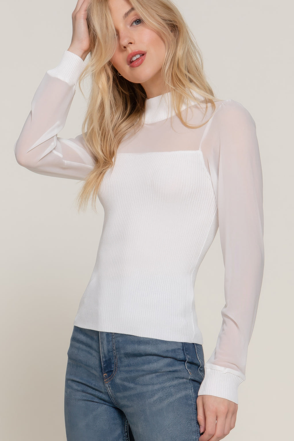 Mesh Panel Long Sleeve Light Sweater -