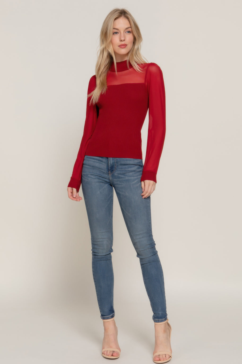Mesh Panel Long Sleeve Light Sweater -