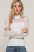 Mesh Panel Long Sleeve Light Sweater - Off White