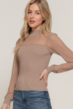 Mesh Panel Long Sleeve Light Sweater -