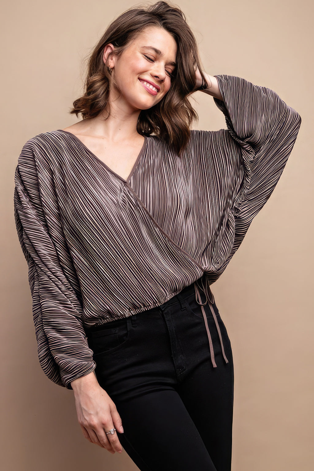 Mocha Pleated Wrap Drawstring Blouse - L
