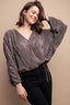 Mocha Pleated Wrap Drawstring Blouse - L