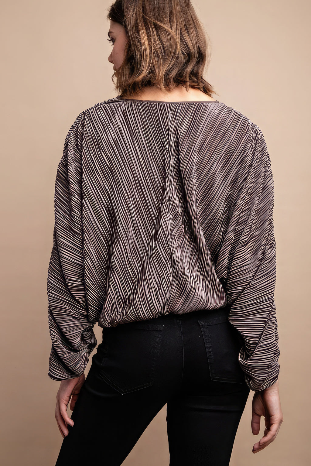 Mocha Pleated Wrap Drawstring Blouse -