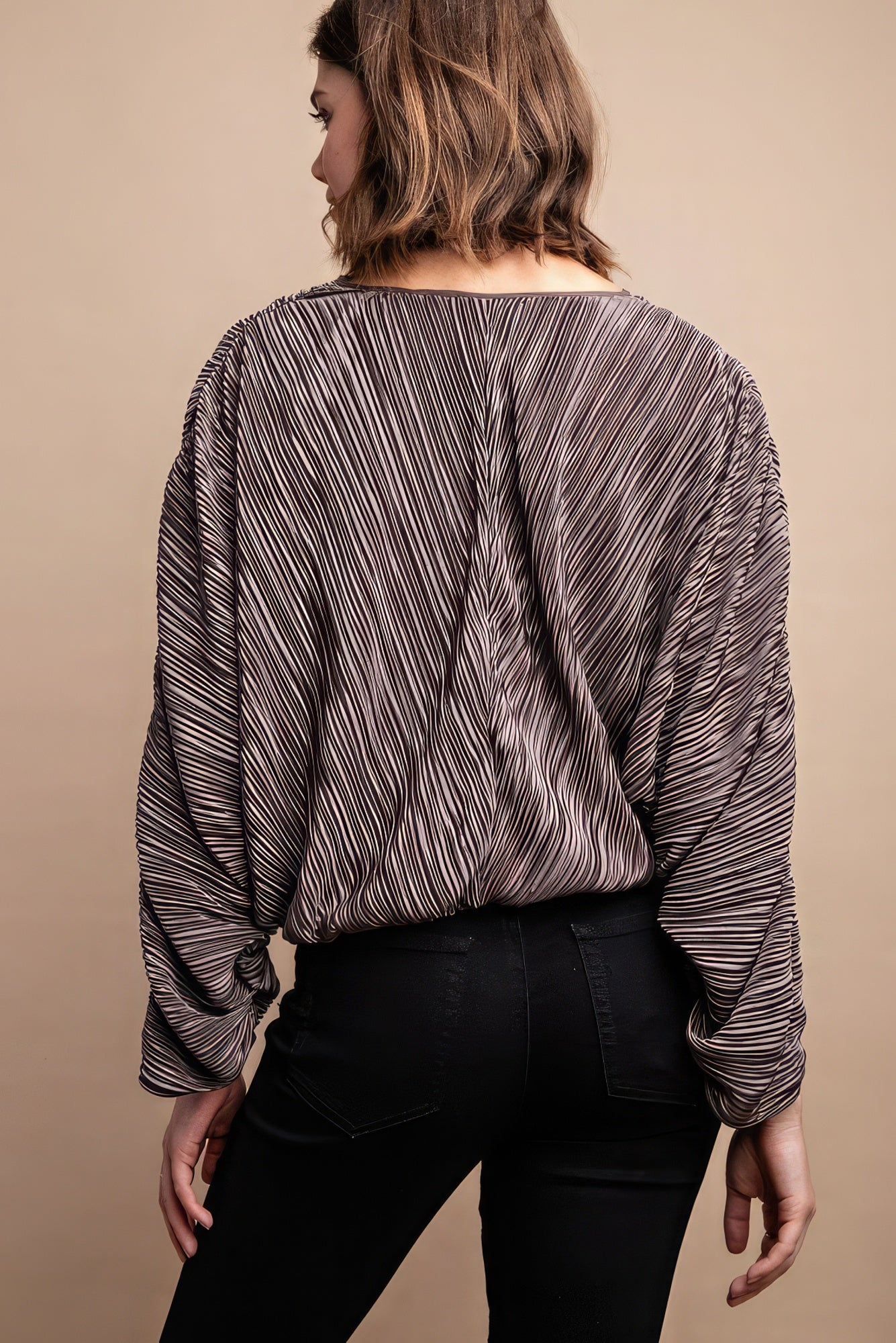 Mocha Pleated Wrap Drawstring Blouse -