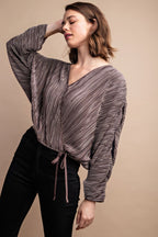 Mocha Pleated Wrap Drawstring Blouse -