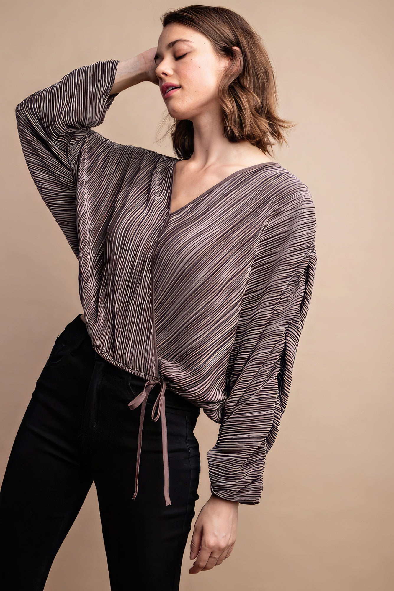 Mocha Pleated Wrap Drawstring Blouse -