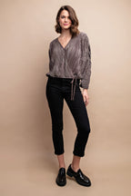 Mocha Pleated Wrap Drawstring Blouse -