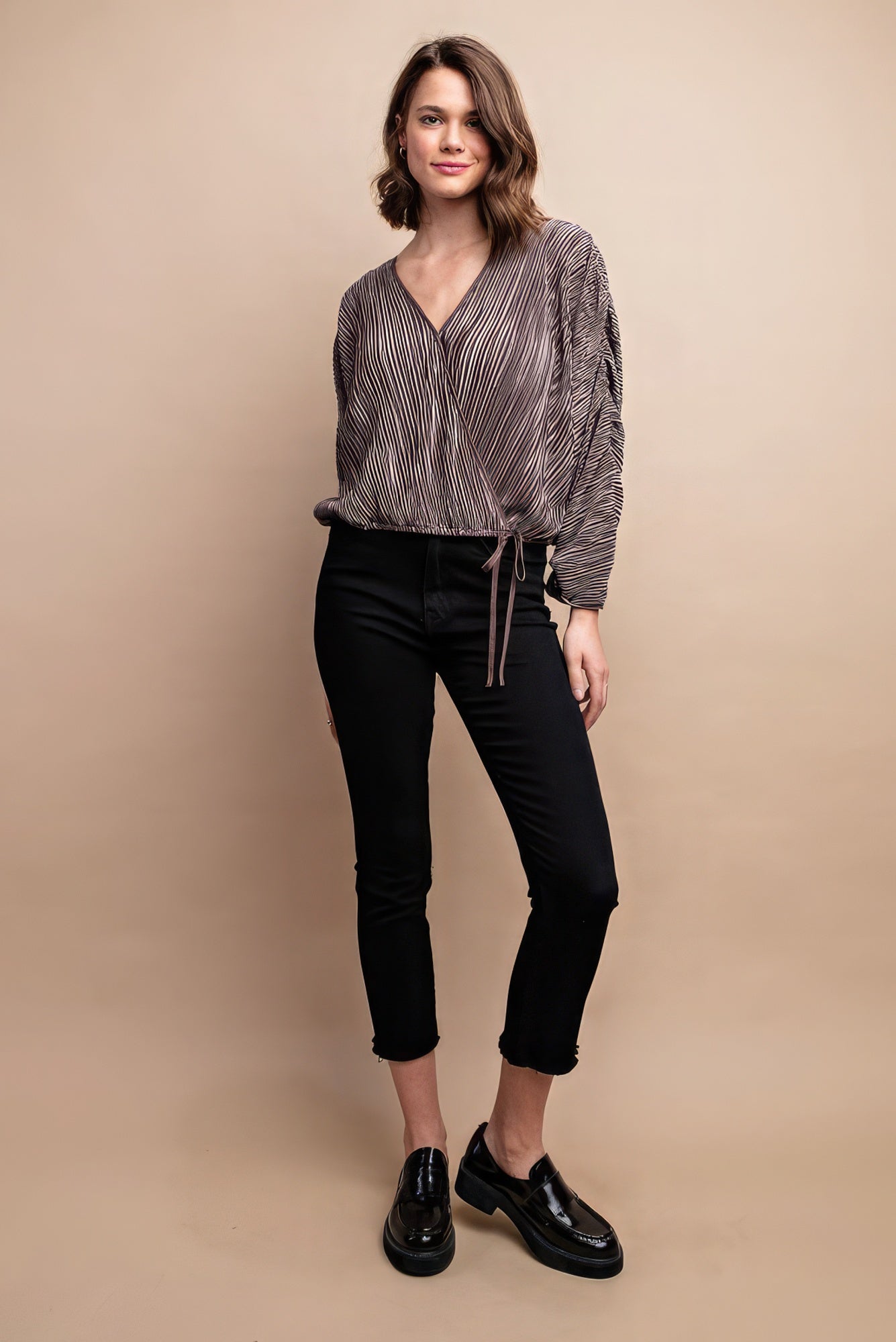 Mocha Pleated Wrap Drawstring Blouse -