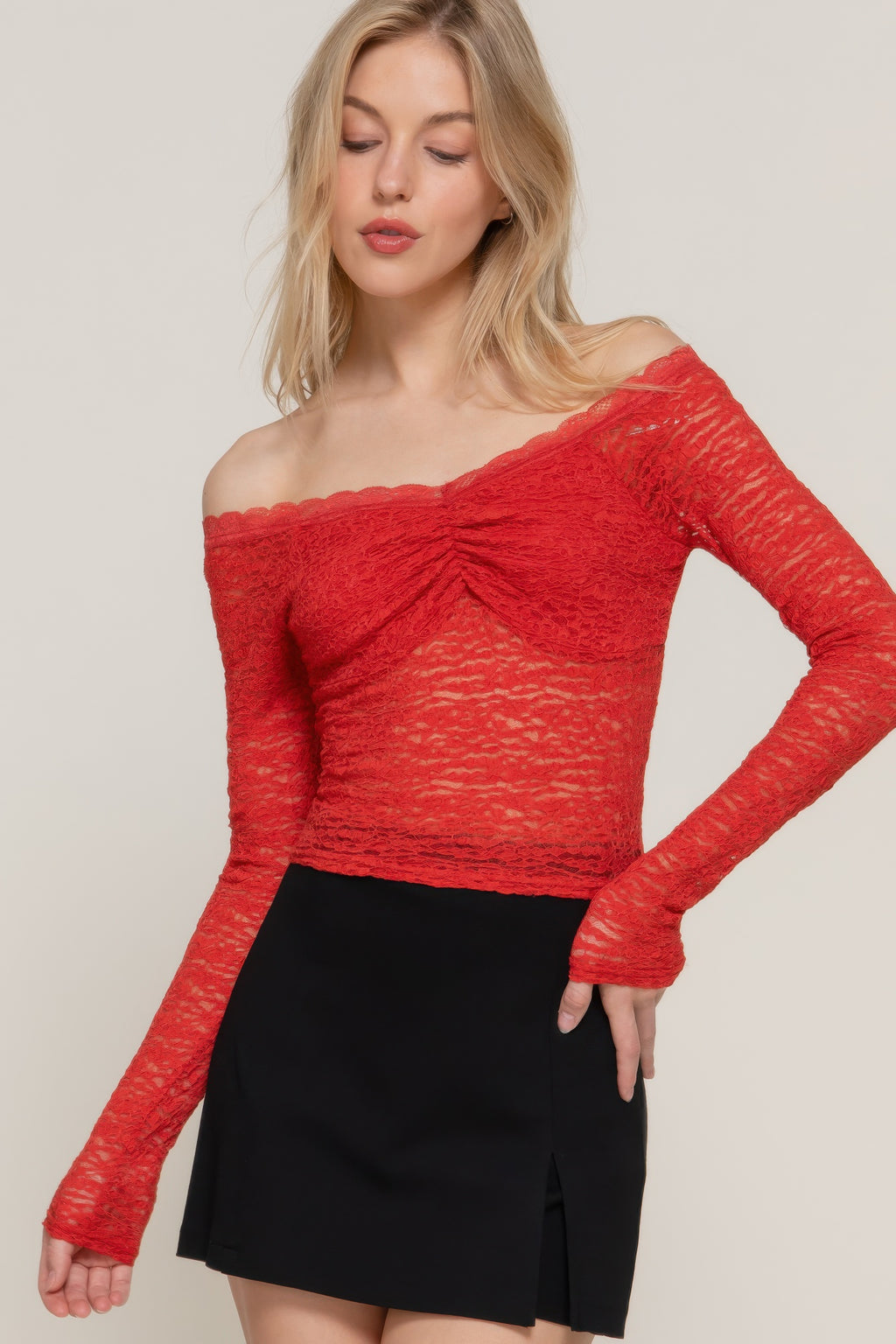 Off Shoulder Lace Stretch Top - Brick