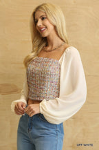 Off White Tweed Chiffon Puff Sleeve Blouse -