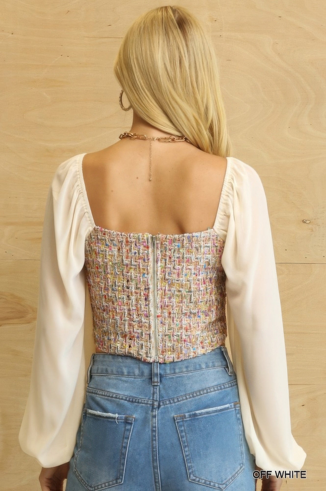 Off White Tweed Chiffon Puff Sleeve Blouse -