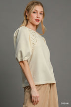 Pearl Puff Sleeve Knit Blouse -