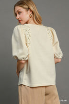 Pearl Puff Sleeve Knit Blouse -