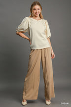 Pearl Puff Sleeve Knit Blouse -