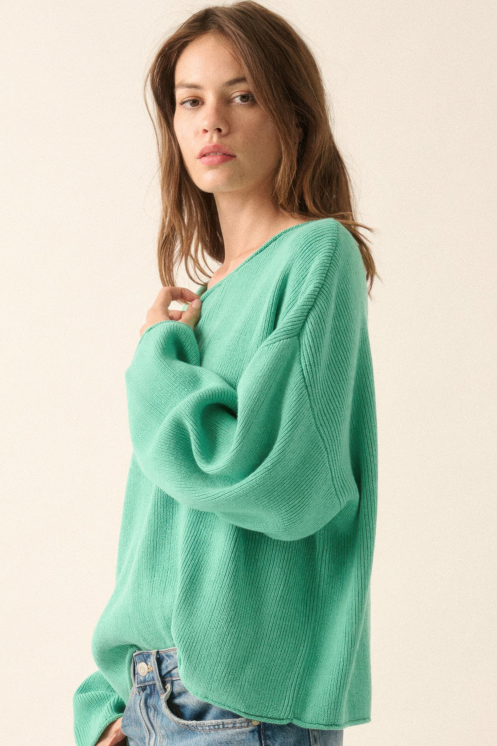 Pine Green Rib-Knit Oversized Sweater -