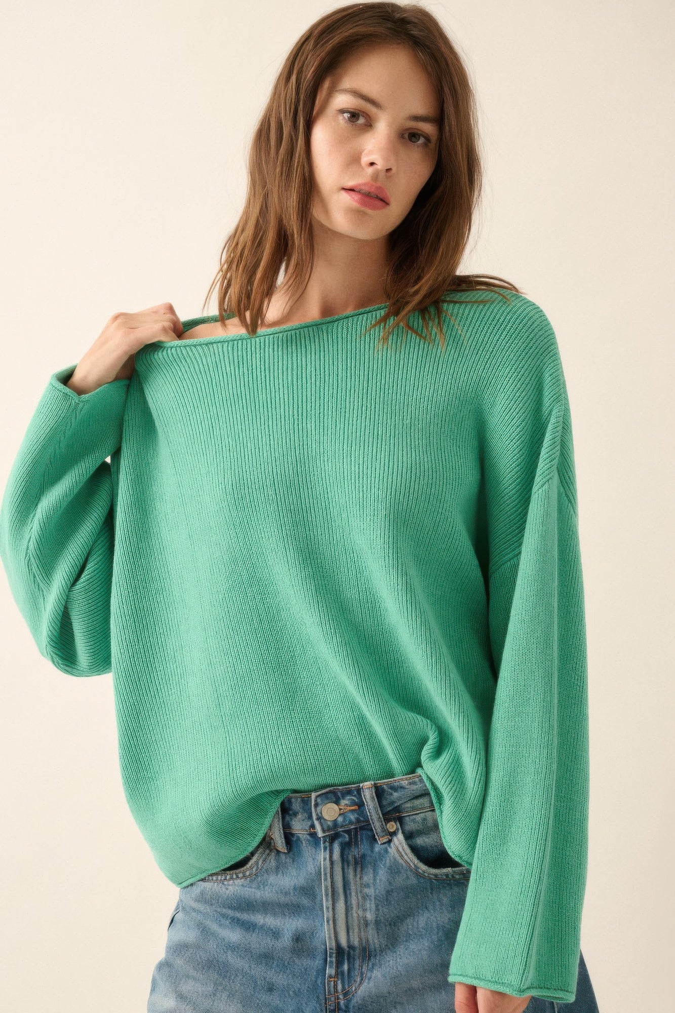 Pine Green Rib-Knit Oversized Sweater - L Main image
