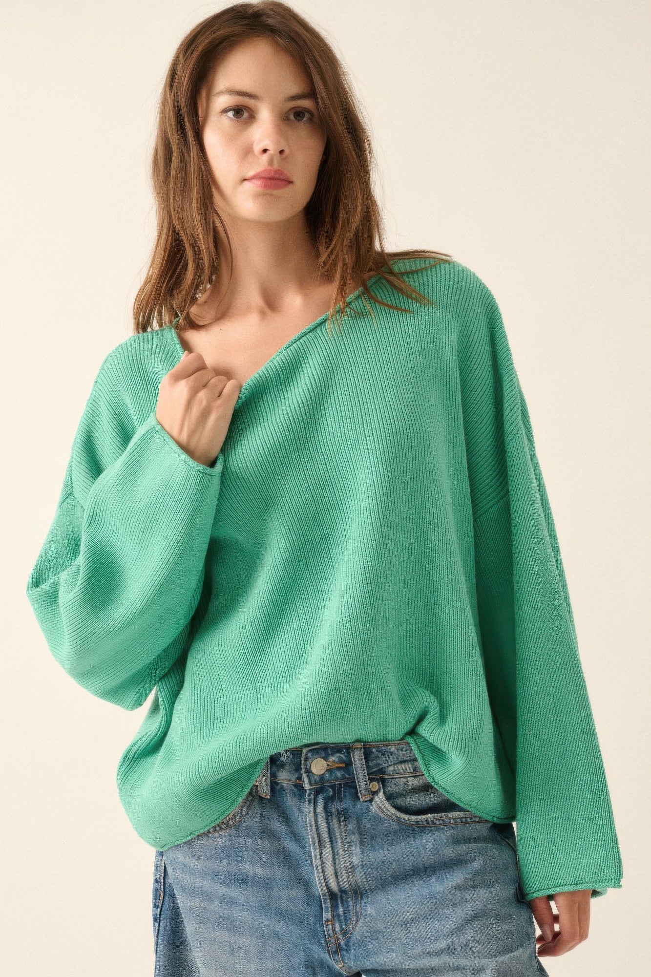 Pine Green Rib-Knit Oversized Sweater -